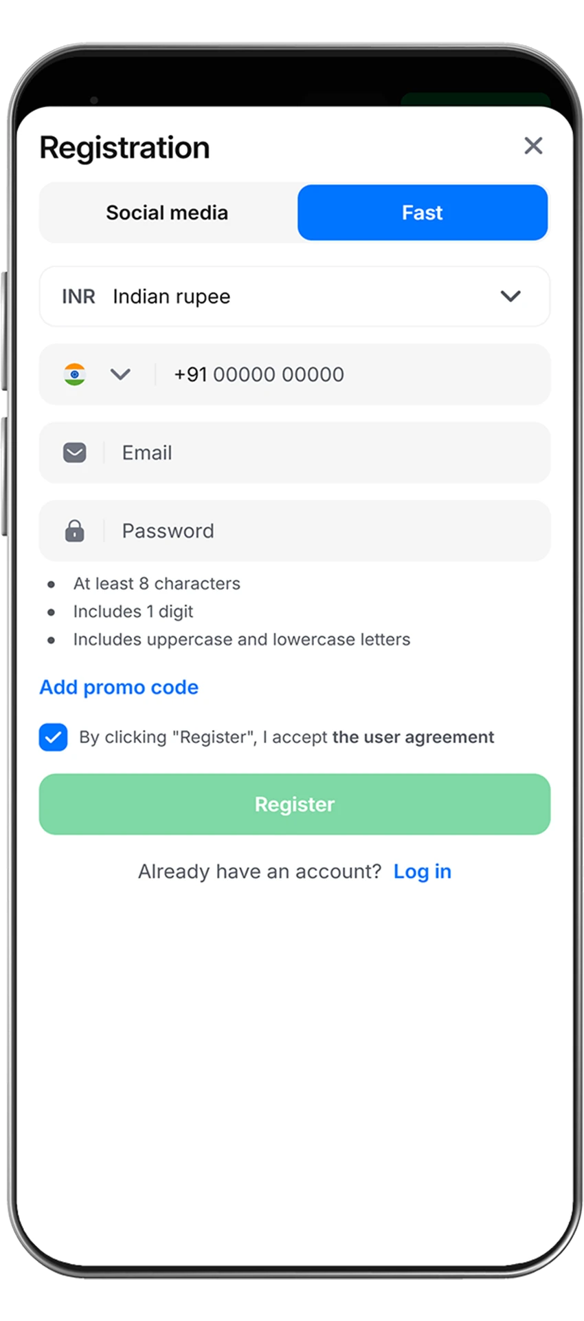 Registration form at 1win casino