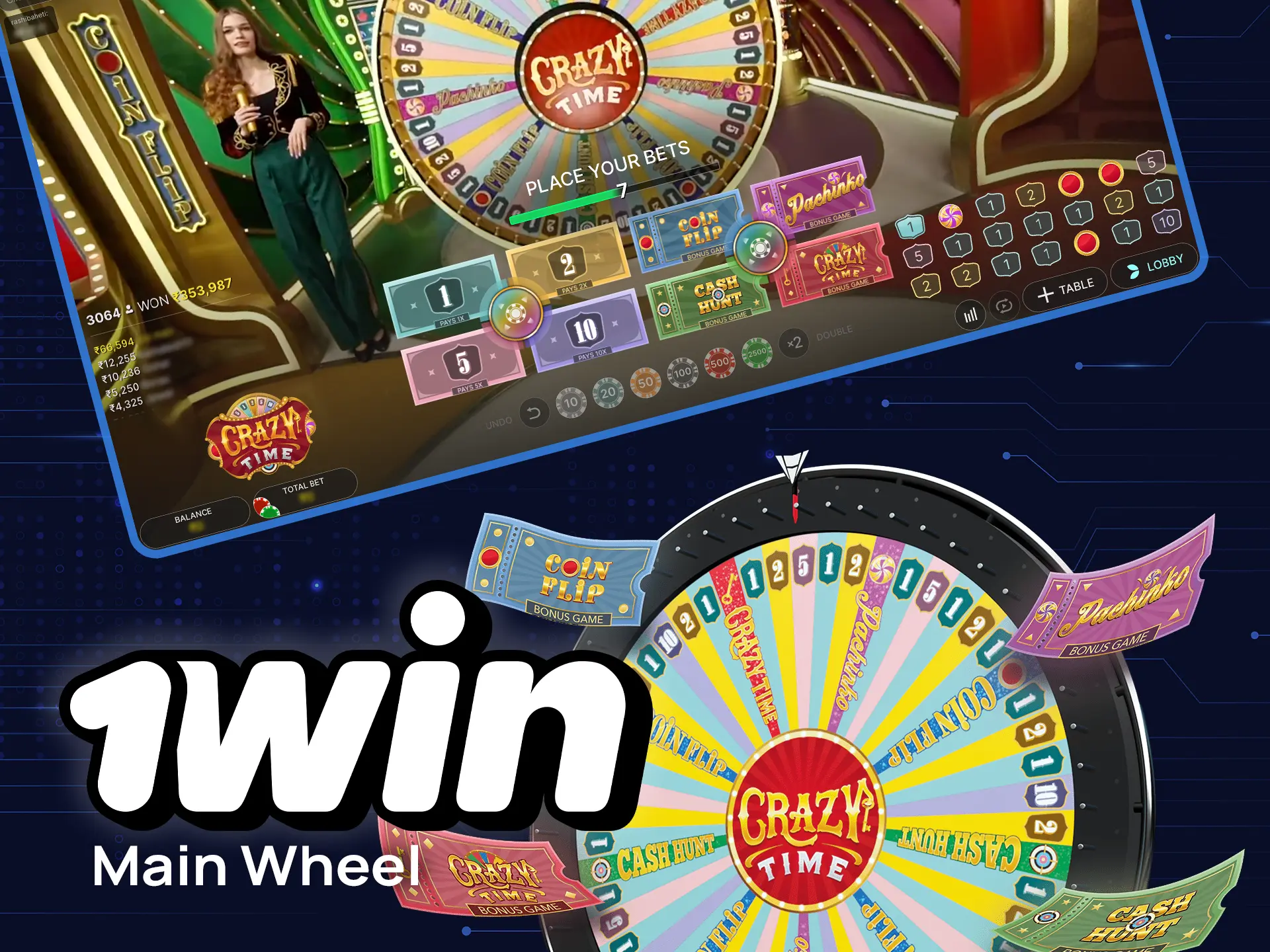 Find out how the main wheel works in Crazy Time at 1win.